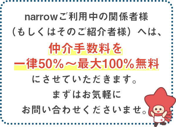 仲介手数料を一律50%～最大100%無料にさせていただきます。
